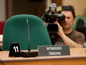 A witness chair sits empty at a Commons Ethics Committee hearing on Parliament Hill on May 25, 2010.