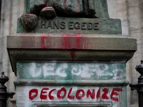 A vandalized statue of the Danish-Norwegian 18th century missionary Hans Egede is seen at the Marble Church (Frederik's Church), in Frederiksstaden, in Copenhagen.