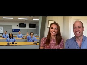 Prince William, Duke of Cambridge and Catherine, Duchess of Cambridge speak via video call to staff at Fraser Health's Surrey Memorial Hospital in British Columbia on July 1, 2020 in London, England.