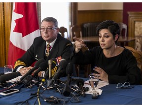 Vice Adm. Mark Norman sits with his lawyer Marie Henein as they hold a press conference in Ottawa on Wednesday, May 8, 2019.