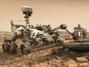 An artist’s conception of Perserverance at work on Mars.
