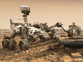 An artist's conception of Perserverance at work on Mars.
