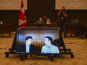 WE co-founders Marc Kielburger, left, and Craig Kielburger appear as witnesses via videoconference during a House of Commons finance committee hearing on July 28, 2020.