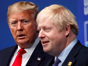 Britain's Prime Minister Boris Johnson welcomes U.S. President Donald Trump at the NATO leaders summit in Watford, Britain