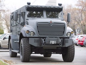 As a statement of police power, the armoured rescue vehicle that Halifax Regional Police had planned to buy for more than $300,000 spoke volumes about the militarization of law enforcement agencies in Canada. The Montreal Police department's new armoured vehicle is shown at a press launch in Montreal, Wednesday, Nov. 6, 2013.