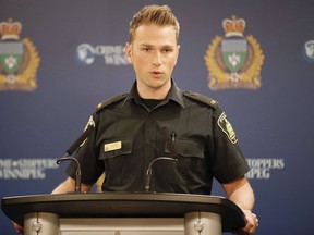 Winnipeg police have arrested a 14-year-old boy for four recent shootings including a homicide on Canada Day. Winnipeg Police Service (WPS) Constable Jay Murray addresses media in Winnipeg, Monday, April 23, 2018.