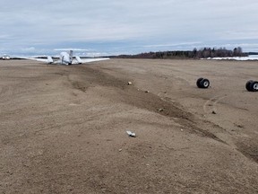 A medevac plane crash is shown in this 2019 police handout photo. An investigation by the Transportation Safety Board of Canada found the pilots of a medevac plane had many opportunities to notice there was not enough fuel before the aircraft was forced to do an emergency landing in northern Manitoba last year. The board's report, released Monday, says the plane was expected to fly from Winnipeg to Rankin Inlet, Nunavut, with a planned stop in Churchill along the way last April.