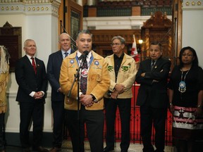 Regional Chief Terry Teegee speaks to the press after Premier John Horgan announced Indigenous human rights will be recognized in B.C. with new legislation during a press conference at the provincial Legislature in Victoria on October 24, 2019. First Nations and Inuit leaders are urging government to launch an independent, civilian review of RCMP practices as a first step to address racism and the concerning number of violent incidents between Mounties and Indigenous Peoples in Canada. Indigenous chiefs, leaders, and other experts are providing input today to a Commons committee looking at systemic racism in policing in Canada. They say Canada's national police force has a shattered relationship with Indigenous peoples and must re-examine how it treats First Nations, Inuit and Metis individuals, especially those who may be homeless or addicted. Regional Chief Terry Teegee of the British Columbia Assembly of First Nations says less punitive and more restorative options for policing in First Nations and Northern communities is urgently needed.