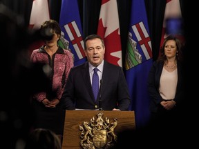 Alberta Premier Jason Kenney updates media on measures taken to help with COVID-19, in Edmonton on March 20, 2020.