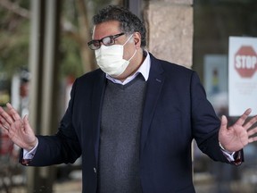 Calgary Mayor Naheed Nenshi is shown outside a senior's home in Calgary on Tuesday, April 14, 2020, amid a worldwide COVID-19 pandemic. Calgary's mayor says the Alberta government's plan to reopen schools in September isn't good enough and the city could step in if it isn't improved.
