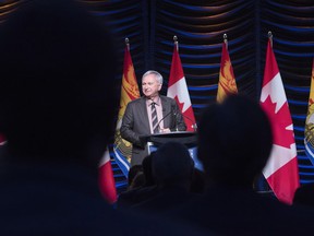 New Brunswick Premier Blaine Higgs delivers the State of the Province address in Fredericton on Thursday January 30, 2020. New Brunswick Premier Blaine Higgs says his province is hoping to create a "mini bubble" with Quebec by Aug. 1.