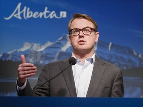 Alberta Minister of Health Tyler Shandro speaks during a press conference in Calgary on Friday, May 29, 2020. The Alberta government is proposing legislation to accelerate approvals of private clinics in order to get more surgeries done.