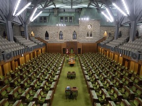 The House of Commons chamber is seen empty, Wednesday April 8, 2020 in Ottawa. The average attendance for Alberta's Conservative MPs for the special COVID-19 committee, which has acted as a stand-in for the chamber, from May 27 to June 18 has been about 42 per cent.