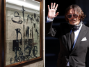 Left: A photo showing graffiti done with Johnny Depp's severed finger was presented as evidence in an ongoing court case on July 9, 2020 at the High Court in London, Britain. Right: Depp arrives for court on July 10. 