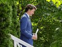 Prime Minister Justin Trudeau arrives to a news conference at Rideau Cottage in Ottawa on July 13, 2020.