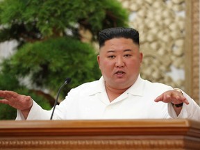 North Korean leader Kim Jong Un speaks during the Political Bureau of the Central Committee of the Workers' Party of Korea (WPK) meeting in Pyongyang in this photo released by North Korean Central News Agency (KCNA) on July 2, 2020.