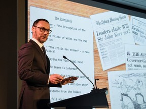 National Archives of Australia Director-General David Ficker speaks during the Kerr Palace Letters release event, following a ruling by the High Court of Australia for the National Archives of Australia to release more than 200 letters between the then Governor-General of Australia Sir John Kerr and her Majesty the Queen Elizabeth II, in Canberra, Australia, July 14, 2020.