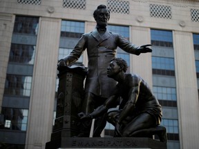 The Emancipation Memorial, a statue depicting U.S. President Abraham Lincoln standing over a freed slave that has become controversial for some activists during protests against racial inequality in the aftermath of the death in Minneapolis police custody of George Floyd, stands in Boston, Massachusetts, U.S., June 23, 2020.