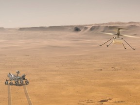 Ingenuity Mars Helicopter and NASA’s Perseverance Mars rover in an undated illustration provided by Jet Propulsion Laboratory in Pasadena, California.