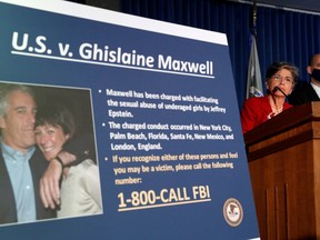 Audrey Strauss, Acting United States Attorney for the Southern District of New York speaks alongside William F. Sweeney Jr., Assistant Director-in-Charge of the New York Office, at a news conference announcing charges against Ghislaine Maxwell for her role in the sexual exploitation and abuse of minor girls by Jeffrey Epstein in New York City, New York, U.S., July 2, 2020