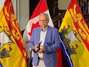 New Brunswick will allow Quebecers who live in two areas near the New Brunswick border to visit the province for day-trips starting Aug 1, if they pre-register. New Brunswick Premier Blaine Higgs speaks to media during a press conference in Fredericton on Thursday, July 30, 2020.