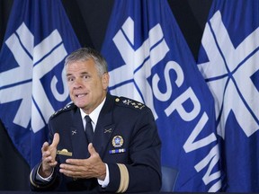 Montreal Police chief Sylvain Caron responds to a question during a news conference in Montreal on Wednesday, July 8, 2020.