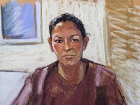In this courtroom sketch, Ghislaine Maxwell appears via video link during her hearing where she was denied bail for her role aiding Jeffrey Epstein to recruit and eventually abuse minor girls.