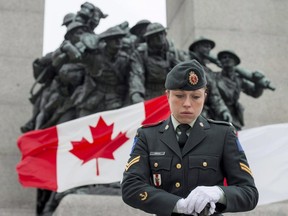 A sentry stands at the National War Memorial in Ottawa on the first day of their return to their post, on Thursday, April 9, 2015. Military sentries are returning to their spots in front of the National War Memorial and Tomb of the Unknown Soldier as the threat posed by COVID-19 appears to be receding.THE CANADIAN PRESS/Justin Tang