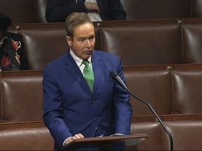 In this image from video, Rep. Brian Higgins, D-N.Y., speaks on the floor of the House of Representatives at the U.S. Capitol in Washington, Thursday, April 23, 2020. Higgins, the U.S. congressman who wants a plan to ease travel restrictions at the Canada-U.S. border, is taking the ensuing backlash in stride. THE CANADIAN PRESS/AP-House Television via AP
