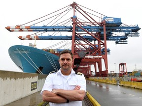 Captain Jens Boysen gives an interview in front of the Maersk Line container ship "Emma Maersk" during the spread of the coronavirus disease (COVID-19) ORG XMIT: GGG-FBI03