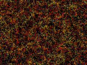 Color indicates distance from Earth, ranging from yellow on the near side of the slice to purple on the far side. There are 48,741 galaxies in this picture, only about 3 per cent of the total surveyed.