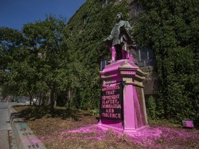The vandalized statue of Egerton Ryerson on the Ryerson University campus in Toronto.