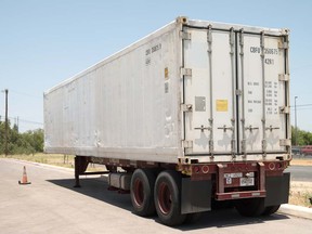 A refrigerated trailer that the San Antonio health authorities acquired to store bodies, is seen in Bexar County, Texas, July 15, 2020.
