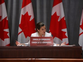 Deputy Prime Minister Chrystia Freeland speaks during a news conference in Ottawa on Thursday.