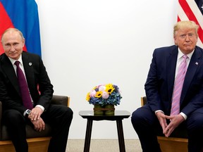 U.S. President Donald Trump meets with Russian President Vladimir Putin at the G20 Summit in Osaka, Japan June 28, 2019.