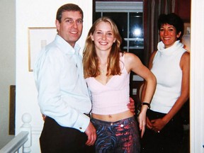 From left: Prince Andrew, Virginia Giuffre and Ghislaine Maxwell in an undated photo. Giuffre, one of Jeffrey Epstein’s alleged victims, has testified that she was forced to have sex with Prince Andrew in London when she was 17.