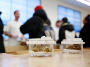 Cannabis flowers sit on display inside a store in Ottawa, on Jan. 30.