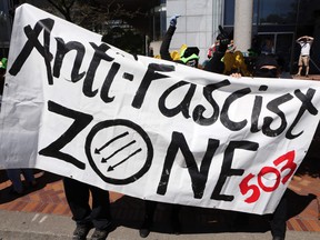 Anti-fascist protestors gather as right-wing rally organizer, Patriot Prayer founder and Republican Senate candidate Joey Gibson speaks during a campaign rally in Portland, Oregon