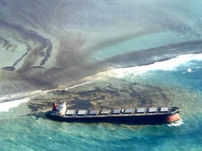 Oil leaks from the MV Wakashio, a bulk carrier ship that on July 25 ran aground off the southeast coast of Mauritius. The government has declared an environmental emergency and France says it is sending help from its nearby Reunion island.
