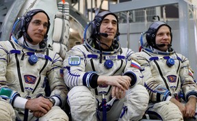 Crew members of the International Space Station (ISS) Chris Cassidy (left) of NASA, Anatoly Ivanishin (centre) and Ivan Vagner of the Russian space agency Roscosmos pose for a photo as they attend final qualification training in Star City near Moscow, Russia March 12, 2020.