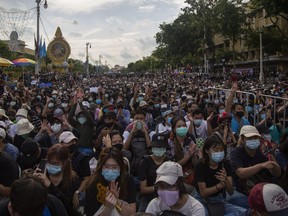 Students and anti-government protesters attend a rally at Democracy Monument on August 16, 2020 in Bangkok, Thailand.
