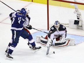 Joonas Korpisalo of the Columbus Blue Jackets makes a save against the Tampa Bay Lightning in the third overtime period in Game 1 of the Eastern Conference First Round during the 2020 NHL Stanley Cup Playoffs at Scotiabank Arena in Toronto, on Aug. 11.
