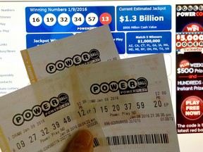This January 10, 2016 photo illustration taken in Washington, DC, shows Powerball lottery tickets in front of the splash screen for the powerball.com website.