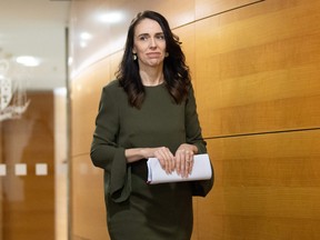 Prime Minister of New Zealand Jacinda Ardern arrives at a press conference to speak to media about changing the 2020 general election date at the Parliament in Wellington.