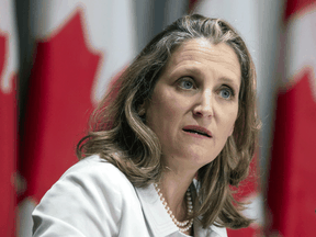 Finance Minister Chrystia Freeland speaks at a news conference Thursday August 20, 2020 in Ottawa.