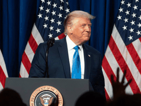 U.S. President Donald Trump speaks as delegates gather during the first day of the Republican National Convention on August 24, 2020, in Charlotte, North Carolina.