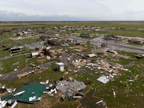 This aerial view shows damage caused by Hurricane Laura to a neighborhood outside of Lake Charles, Louisiana, on August 27, 2020.