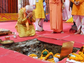 India's Prime Minister Narendra Modi attends the foundation-laying ceremony of a Hindu temple in Ayodhya, August 5, 2020.