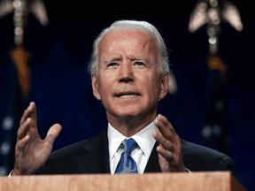 Former vice-president Joe Biden accepts the Democratic Party nomination for U.S. president during the last day of the Democratic National Convention, being held virtually at the Chase Center in Wilmington, Delaware on August 20, 2020.