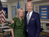 Democratic presidential nominee Joe Biden joins his wife Jill Biden in a classroom after she addressed the virtual 2020 Democratic National Convention on August 18, 2020.
